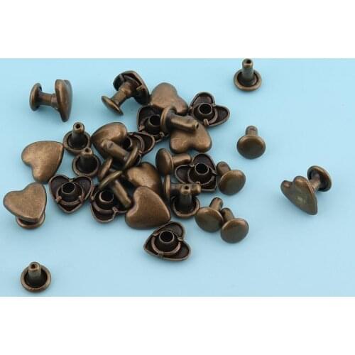 Double Cap Rivets 100sets 8mm Bronze Rivets Heart-shape Leathercraft Rivets Purse Notions Metal Studs for Bag/ Belt