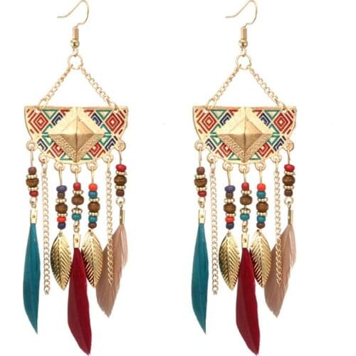 Bohemian Women Fan Shaped Beaded Tassel Feather Statement Hook Earrings Jewelry pendientes rojos