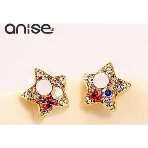 Anise Luxury Colorful Crystal Star Stud Earring Fashion Gold Color Geometric Pentagram Ear Studs Women Wedding Brincos Bijoux