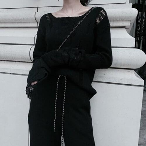 Lady Split Hole Broken Long Sleeve Pull Sweater Solid Black Gothic Women Hollow Out Knit Sweater Dark Goth Punk Knitted Top