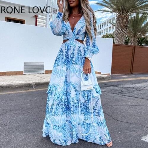 Women Chic V neck Hollow-out Bare waist Sexy Holiday style Maxi Dresses