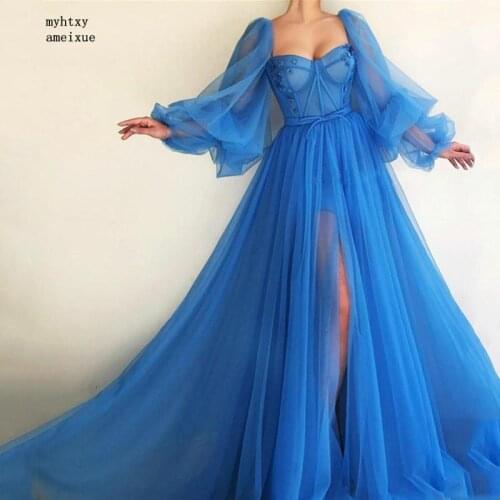 2021 Blue Dubai Evening Dresses Long Sexy Slit V-neck Beaded Tulle Formal Dress For Evening Party Robe Cheap Long Evening Gown