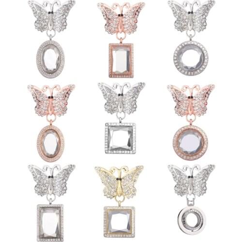 10Pcs Rhinestone Round And Rectangular Pendant Locket Charms Metal Butterfly Brooch Pins Fit Essential Oil Women Dress Jewelry