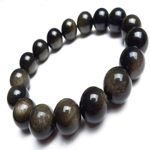 12mm Genuine Natural Gold Obsidian Gems Stone Crystal Round Beads Jewelry Women Men Powerful Stretch Bracelet