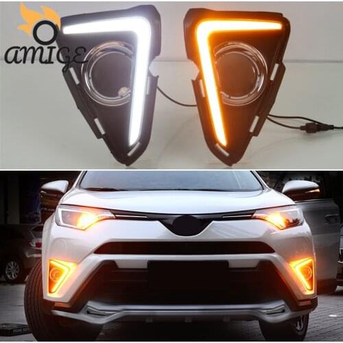 12V Car LED DRL Daylights For Toyota RAV4 2016 2017 2018 Yellow Turn Signal Daytime Running Light Auto Foglamp