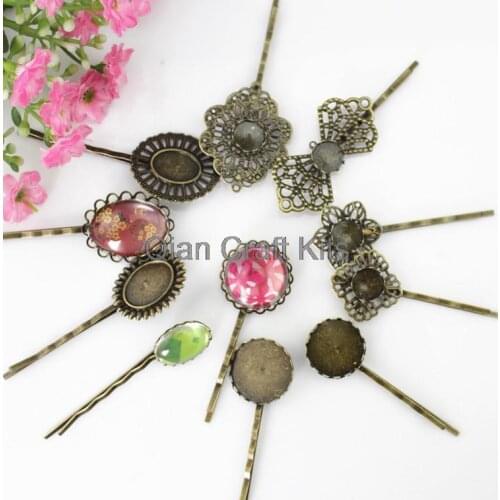 50pcs mixed styles Vintage Filigree Hairpins Hair Pins, Bobbypins Antique Brass Waved Hair Clips Base Settings with Pads