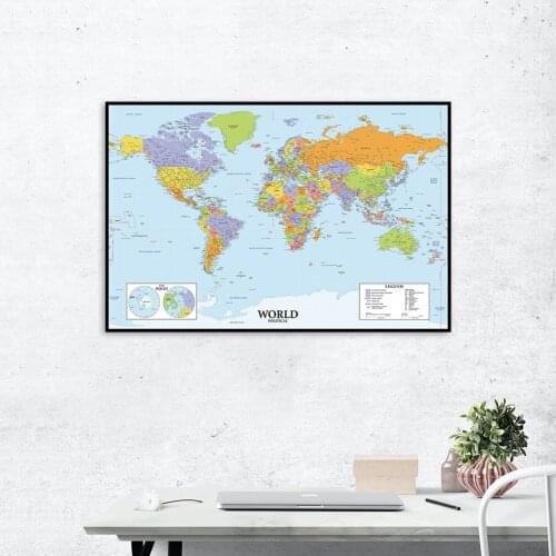 80*60cm Political Map of The World with Details HD Printed Vinyl Canvas Painting Wall Art Poster School Supplies Home Decor