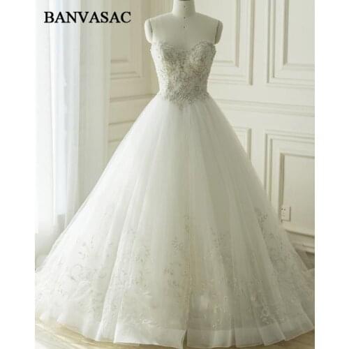 BANVASAC 2018 Strapless Ball Gown Plus Size Real Pictures Wedding Dresses Lace Appliques Beadings Court Train Bridal Dresses