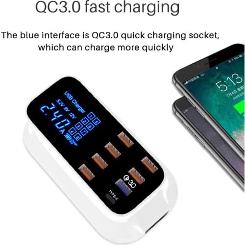 QC3.0 type-c fast charge 40W multi-USB 8-port mobile phone charger smart digital display power adapter universal carregador