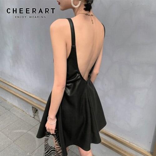 CHEERART PU Leather Backless Black Sexy Slip Dress Summer 2021 Drawstring Hollow Out A Line Spaghetti Strap Cami Dress Women