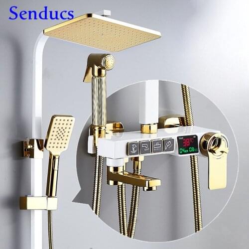 Digital Shower Set Senducs White Gold Thermostatic Bathroom Shower System 12 Inch Rainfall Shower Head Black Digital Shower Set