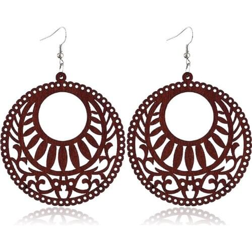 Fooderwerk Jewelry Exaggerated Geometric Round Wooden Earrings Hollow Fashion Wood Drop Earrings