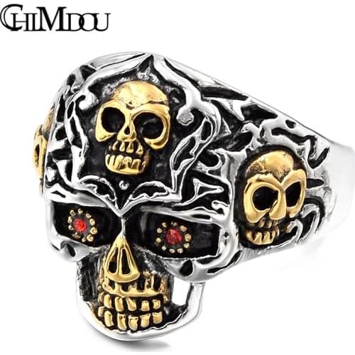 Gold Color Stainless Steel Rings for Motorcycle Biker PUNK Red Eye Skulls Ring Mens Jewelry, drop shipping AR413