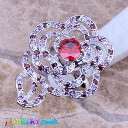 Divine Big Multicolor Multigem Red Garnet Silver Plated Ring Size 7 / 8 D118