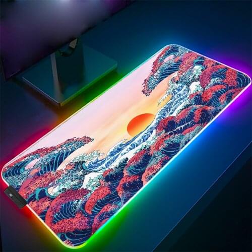 Japanese Art Wave Sunrise RGB Anime Mouse Pad Locking Edge Size for Large CSGO PC Gamer LED Desktop Gaming Accessories Desk Mat
