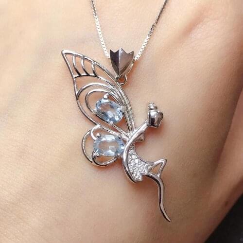 Natural blue Aquamarine pendant S925 silver Natural gemstone Pendant Necklace trendy elegant Dancing girl women party jewelry