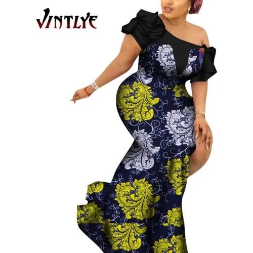 Summer African Dresses for Women Patchwork Slash Neck Lady Elegant Party Dress Dashiki Bazin Riche Print Womens Attire WY7834