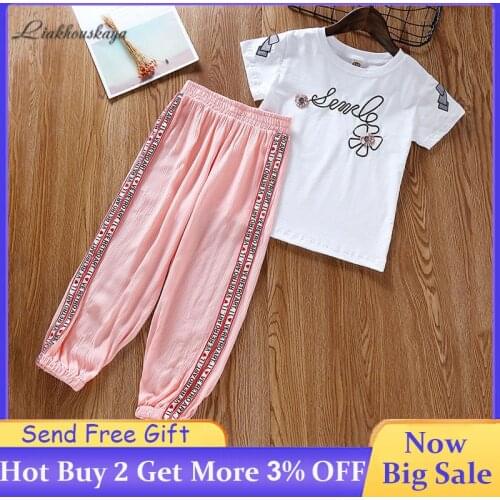 2020 Summer Girls Clothing Sets Girls Fashion Cotton Print Short Sleeve T-Shirt+Printed Pants Suit Youth Casual Sportswear Suits