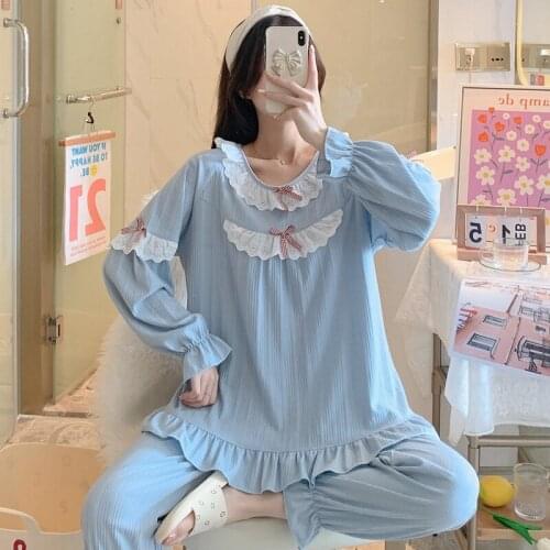 Sweet Lace Princess Pajama Sets for Women New Autumn Long Sleeve Cotton Sleepwear Suit Pyjama Homewear Pijama Mujer Home Clothes