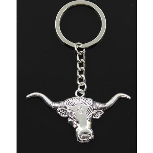 Fashion 30mm Key Ring Metal Key Chain Keychain Jewelry Antique Silver Color Plated Longhorn Bull Steer Head 60x31mm Pendant