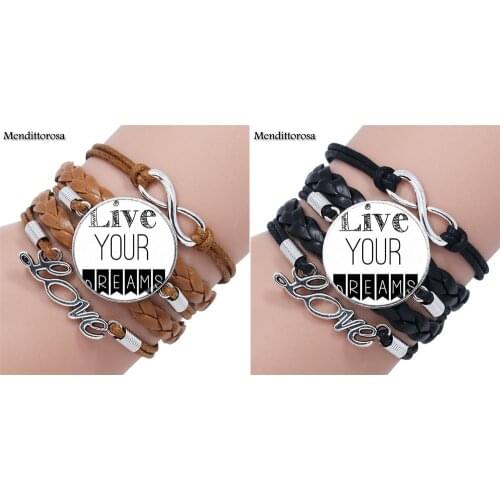 Mendittorosa live your dream Fashion Glass Stone Surface Multilayer Black/Brown Leather Bracelet Bangle Women Statement Jewelry