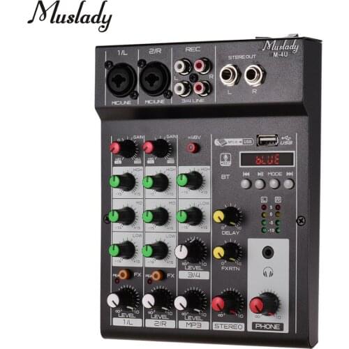 Muslady M-4U Portable 4-Channel BT Mixing Console Digital Audio Mixer Built-in Reverb Effects +48V Phantom Power 3-band EQ