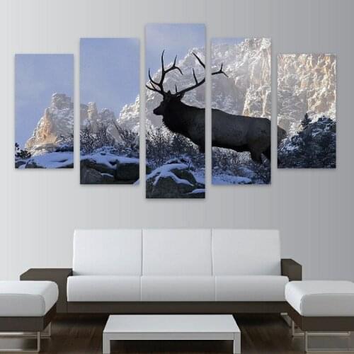 Wall Art Canvas HD Prints Pictures Unframed 5 Pieces Bull Elk On Snowy Mountain Side Paintings Home Decor Fashion Deer Poster