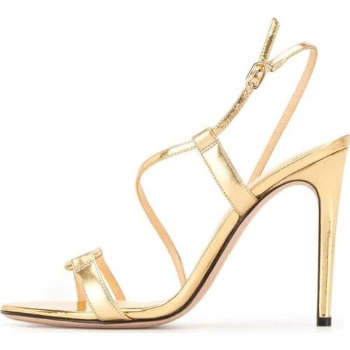 Summer new large size golden PU round toe open toe stiletto sandals banquet dress fashion all-match custom-made womens sandals