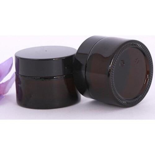 Wholesale 200pcs 30G amber glass cream jar with black lid, 1 oz width mouth glass bottle for cosmetic use