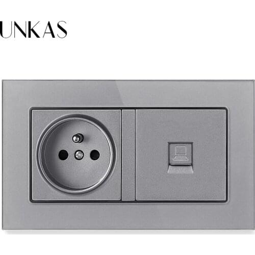 UNKAS Tempered Crystal Glass Panel 16A French Standard Power Socket + RJ45 Internet Computer Connector Jack 146MM*86MM Outlet