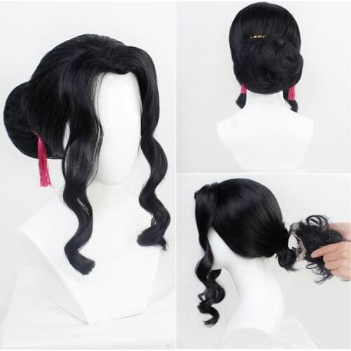 Demon Slayer Kimetsu No Yaiba Kibutsuji Muzan Cosplay Wig Costume Black Women Curly Hair + Free Wig Cap