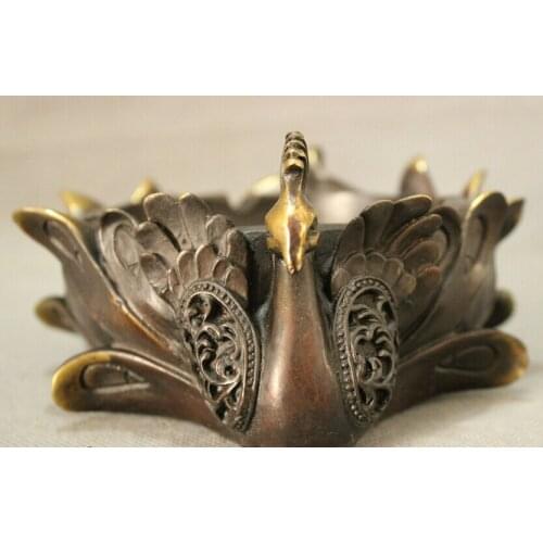 Song voge gem S3062 Folk Chinese Bronze Gilt FengShui Bird Peacock Peafowl Head Statue Ashtray