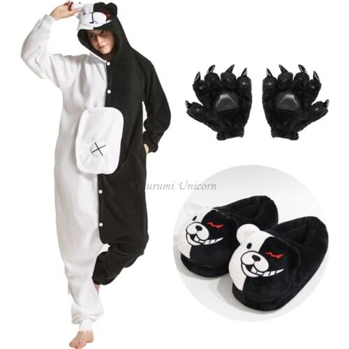 Monokuma Unicorn Kigurumi Pajama Adult Onesie Anime Bear Jumpsuit Black White Animal Pajamas Women Halloween Party Suit Overall