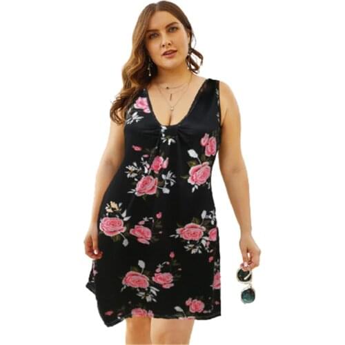 4XL 5XL Curve Plus Size Women Dress Summer Sexy Sleeveless V-neck Loose A-line Dress Beach Party Floral Print Casual Mini Dress