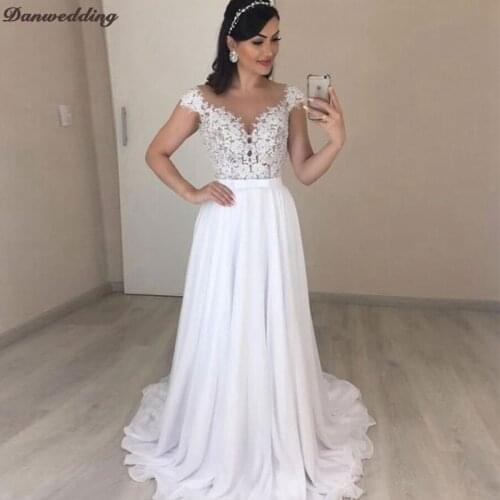 Simple Chiffon Wedding Dresses Scalloped-Neck Plus Size Lace Applique A-Line Bridal Dress Covered Button With Back New Arrival