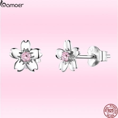 Bamoer GXE784 925 Sterling Silver Cherry Blossoms Stud Earrings Pink Flower Trendy Fine Jewelry Hypoallergenic Girl Earrings