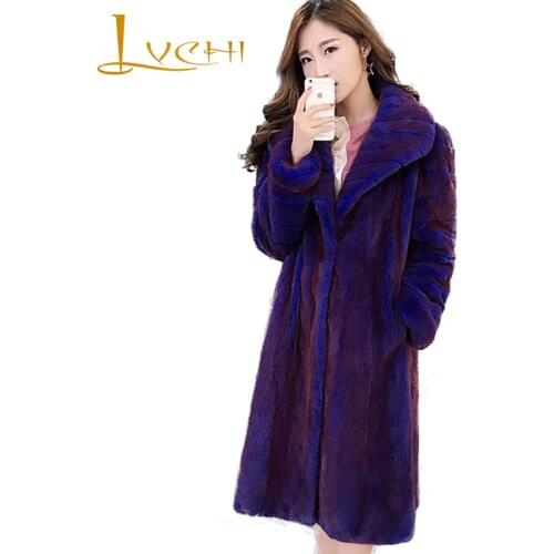 LVCHI Winter 2019 Danish Crown Velvet Real Mink Fur Coat Womens Natural Fur Loss Mink Coat Turn-Down Collar Long Mink Coats