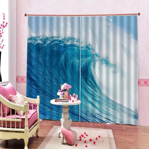 Blue curtains waves Drapes Cortinas Customized size Luxury Blackout 3D Window Curtains For Living Room
