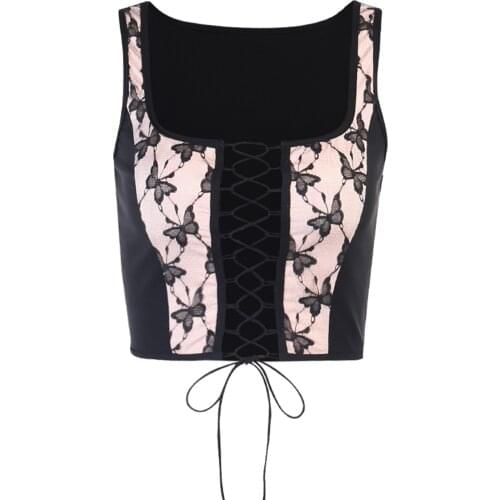 Front Lace Up Vintage Tops Women Sleeveless Sexy Crop Tank Top Butterfly Print Sleeveless Hollow Out Vest Shirts Female Summer