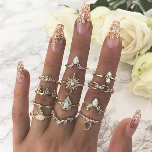 Modyle 12 Pcs/set Bohemian Vintage Crown Water Drops Stars Geometric Crystal Ring Set Gold Charm Wedding Opal Ring for Woman