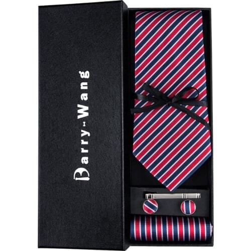 TS-512 Barry.Wang 2018 Mens Ties Necktie Hanky Cufflinks Set With Gift Box Red Blue Striped Ties For Men Wedding Business Party