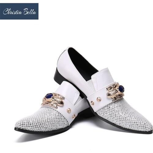 Christia Bella Man White Grid Sequins Genuine Leather Shoes Big Size Metal Buckle Men Party Shoes Man Fashion Pointed Toe Shoes