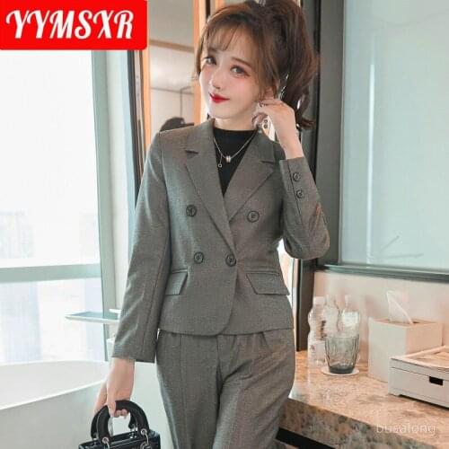High Quality Elegant Womens Plus Size Slim Double-breasted Suit Pants 2-piece Winter Short Ladies Jacket High Waist Trousers