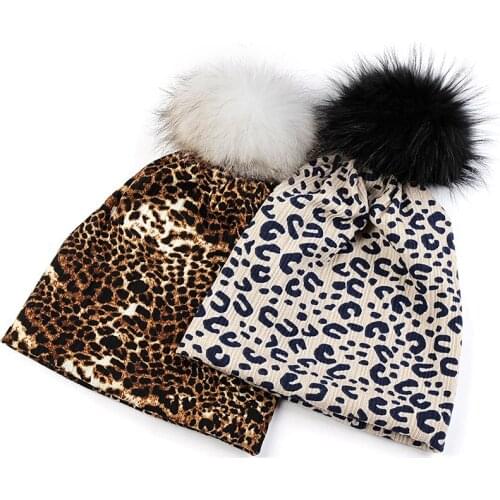 Adult Beanie Hat For Women Men Autumn Winter Warm Hats Beanies Skull Cap Leopard Print With 15cm Real Fur Pompom Hair Ball Caps