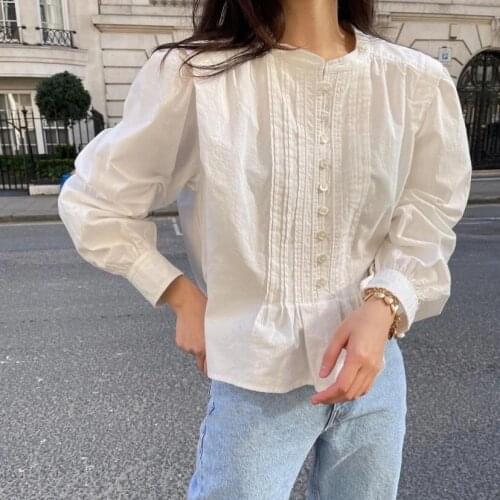 Women Shirt 2021 Early Spring New Single-breasted Solid Color Slim Versatile Organ Pleated Long-sleeved Shirt Top
