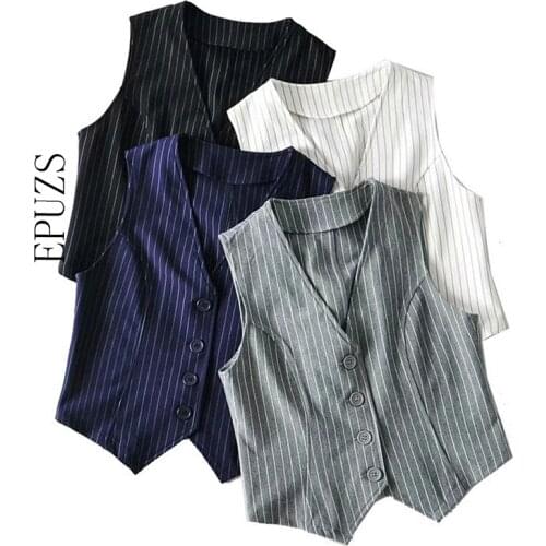 2021 Stripe Vest Suit Women Elegant OL Waistcoat Vest V-Neck Career Ladies Crop Tops Office Formal Work Wear Outerwear
