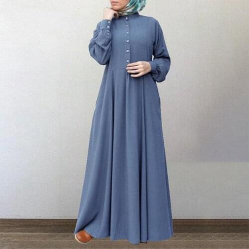 Muslim Dress Women Robe Solid Color Vintage Round Neck Cardigan Single-breasted Big Swing Sundress Ladies Hijab Dress 2021