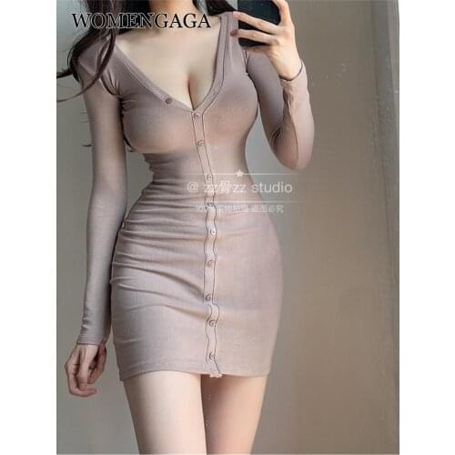 WOMENGAGA Autumn New Elegant V-neck Button Sexy Thin Skinny Hip Wrap Long Sleeve Mini Winter Dress Vintage Korean Style 7UC1