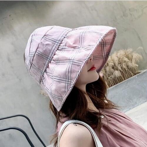10pcs/lot retro style woman casual plaid bucket lady casual summer cotton bucket sun cap