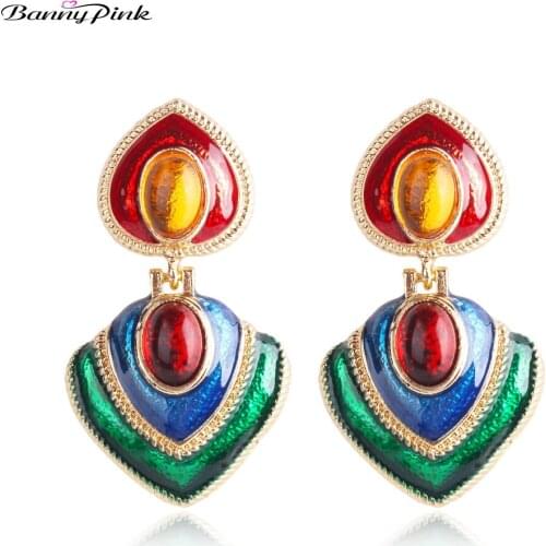 Banny Pink Sweet Layer Color Love Heart Pendant Studs Earrings For Women Chunky Enamel Statement Post Earrings Wedding Earrings